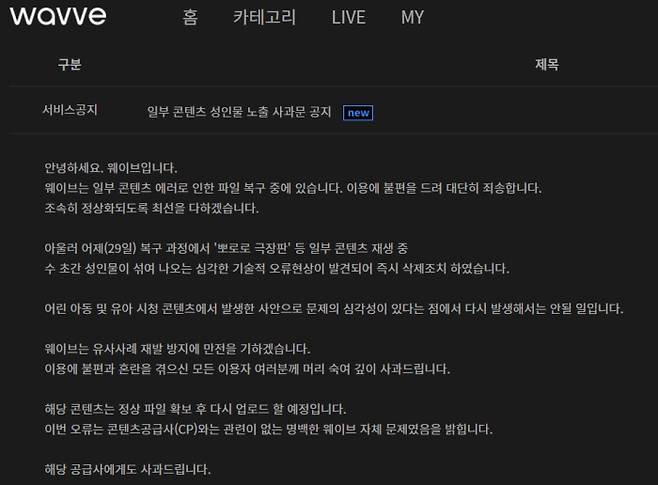 웨이브가 공식 홈페이지에 게재한 성인물 노출에 대한 공식 사과문. 웨이브 홈페이지 갈무리.