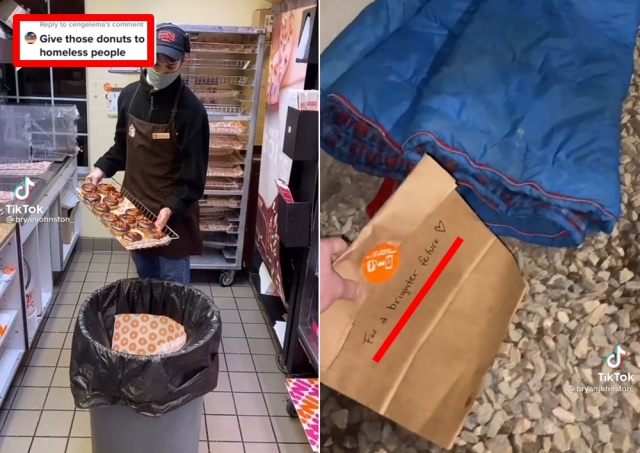 남은 빵을 버리지 않고 소방서, 노숙자들에게 나눠주는 내용의 영상. bryanjohnston 틱톡 계정 캡처.