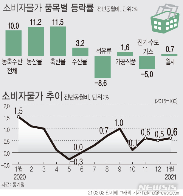 [서울=뉴시스]통계청이 2일 발표한 '1월 소비자물가동향'에 따르면 지난달 소비자물가지수는 106.47(2015=100)로 1년 전보다 0.6% 상승했다. 신선식품지수는 9.2% 상승했다. (그래픽=안지혜 기자)  hokma@newsis.com