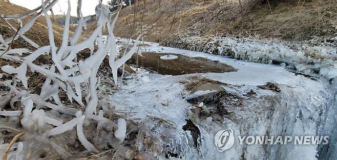 꽁꽁 얼어붙은 농경지 수로 [연합뉴스 자료사진]