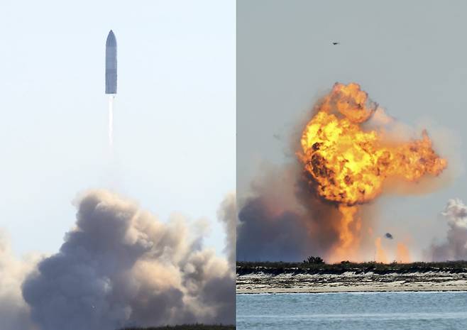 지난 2일 시험비행에서 폭발한 SN9의 발사 모습과 착륙 직전의 모습. 사진=로이터 연합뉴스