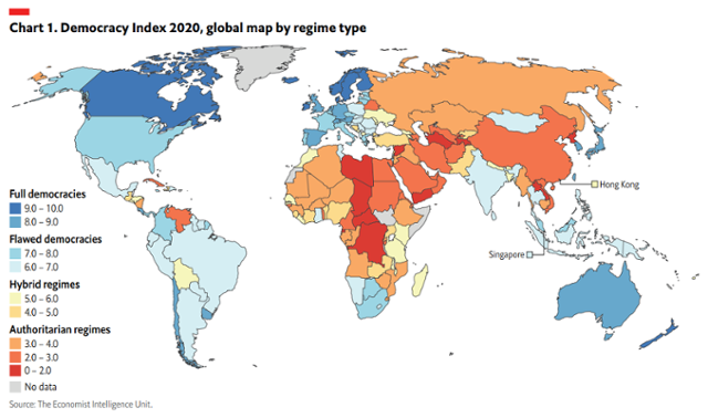 EIU가 발표한 2020년 각 국가별 민주주의 지수. 파란 색이 진할수록 민주주의 국가이며 붉은 색에 가까울수록 권위주의 체제 국가임을 나타낸다. EIU 캡처