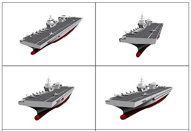 해군, 다양한 각도 경항모 최신 개념도 공개 (서울=연합뉴스) 4일 오전 충남대에서 열린 '경항공모함 세미나'에서 해군이 공개한 경항모 개념도. 작년 12월에 개념설계를 마치고 작성한 조감도로 기본설계, 상세설계가 진행되면서 모양에 변화가 있을 수 있다. 해군은 8장을 공개해 다양한 각도에서 외형을 볼 수 있도록 했다. 2021.2.4 [해군 제공. 재판매 및 DB 금지]