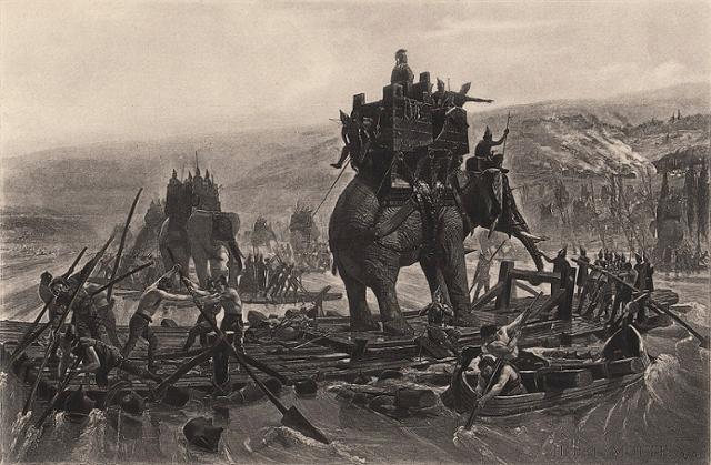 알프스 산맥을 향해 전투 코끼리를 싣고 론 강을 건너는 한니발의 카르타고 군대. 1878년 Henri Motte 작품. 위키피디아.