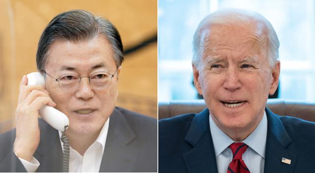 문재인 대통령(왼쪽)이 4일 오전 청와대에서 조 바이든 미국 대통령과 정상통화를 하고 있다. 연합뉴스