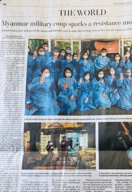 항의 시위의 의미로 파업에 참여한 미얀마 의사들의 소식이 담긴 신문 기사 일부. (사진제공=미얀마 출신 인권운동가 소모뚜)
