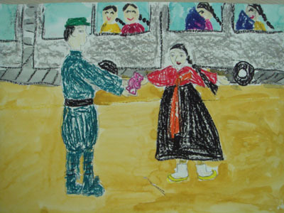 - 사진은 일본군 ‘위안부’ 피해자인 고 김화선 할머니가 위안소로 끌려가기 전의 모습을 표현한 미술작품. 국가기록원 제공