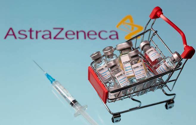 A small shopping basket filled with vials labeled "COVID-19 - Coronavirus Vaccine" and a medical sryinge are placed on a AstraZeneca logo in this illustration taken November 29, 2020. (Reuters-Yonhap)