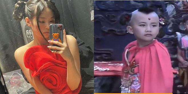 중국의 동북공정이 역사 왜곡을 넘어 연예계와 게임계까지 번지고 있다. 사진은 일부 중국 누리꾼들이 중국 문화를 표절했다고 주장하는 제니의 의상(왼쪽)과 훙하이얼. /사진=제니 인스타그램 캡처, 웨이보 캡처