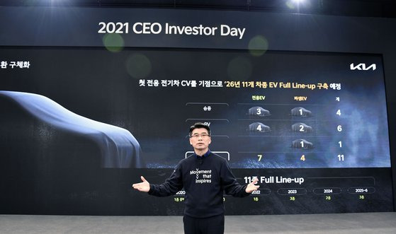 송호성 기아 사장이 9일 공개한 ‘CEO 인베스터 데이’에서 회사의 중장기 전략을 발표하고 있다. [사진 기아]