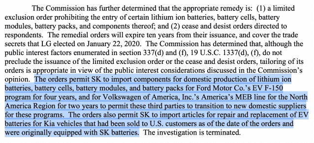 미국 ITC 최종결정문에서 발췌. ITC는 SK가 공급하는 포드 'F-150'용 배터리와 폭스바겐 'MEB'용 배터리 셀·모듈·팩 등의 수입은 각각 4년, 2년간 한시적으로 허용했다. 현재 판매 중인 기아 전기차용 배터리의 수리·교체를 위한 제품 수입도 허용했다. 자료=USITC