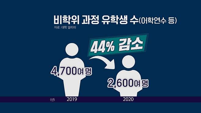 외국 유학생 중에서도 어학연수나 교환학생 등 비학위과정의 학생 수의 감소가 특히 두드러졌다.