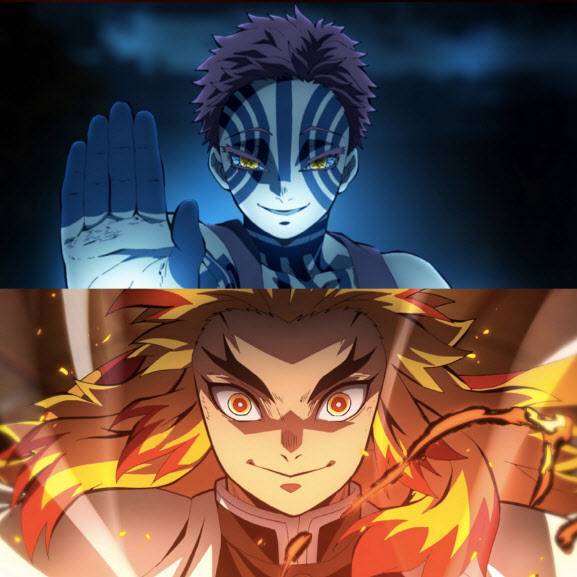 아카자+렌고쿠. 십이귀월 중 세 번째로 강한 아카자는 “혈귀가 되어 나와 평생 싸우자”고 렌고쿠를 설득한다 (사진=귀멸의 칼날 홈페이지)