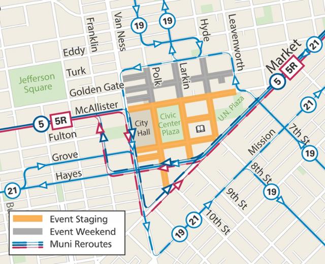 2019년 샌프란시스코 프라이드 축제 장소 및 교통 통제를 알리는 지도. 샌프란시스코의 퀴어 행진은 시청 앞에서 끝난다. 인터넷 캡처