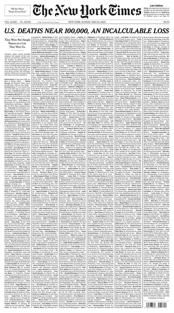 코로나19 희생자 수가 10만 명에 다가선 지난해 5월 24일, 뉴욕타임스 1면에 코로나19 희생자들의 이름이 가득 차 있다. 〈사진=뉴욕타임스 캡처〉