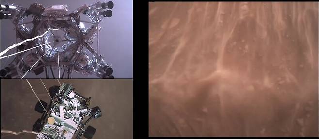 고도 20미터에서 하강선이 줄을 내려뜨려 퍼시비런스를 착륙시키는 장면(왼쪽)과 역추진 엔진에 의해 먼지바람이 일고 있는 모습. 퍼시비런스의 카메라가 동시에 위와 아래 쪽을 향하면서 찍은 영상이다.