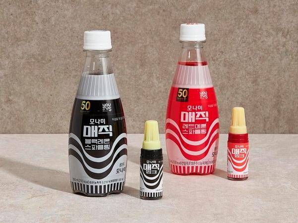 편의점 GS25와 문구기업 모나미가 합작해 출시한 '모나미 매직 스파클링' 음료. 유성매직의 외형을 본떠 만들었다. 모나미 제공