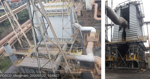 한국에너지기술연구원이 개발해 포스코 광양제철소에 설치된 20만㎥/hr 실규모 복합재생 백필터 집진장치. 에너지기술연구원 제공