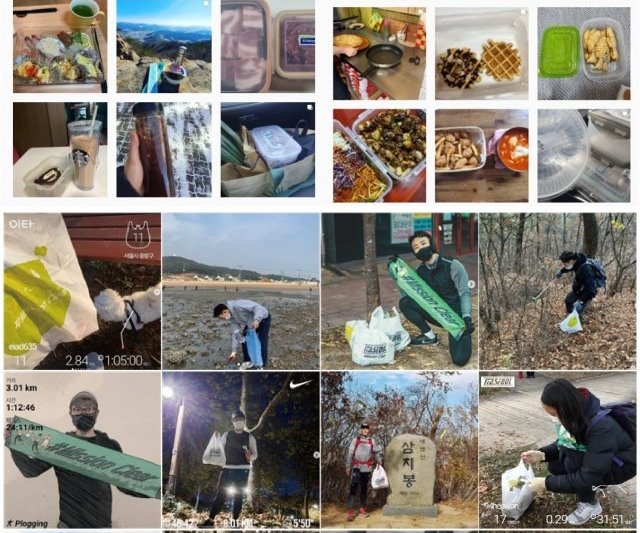 식당 등에 용기를 가져가 음식을 포장해 온 경험을 공유한 인스타그램 사진들과 조깅하며 쓰레기를 줍는 '플로깅' 자원봉사자들의 인증사진. 인스타그램, 미션클리어 캡처.