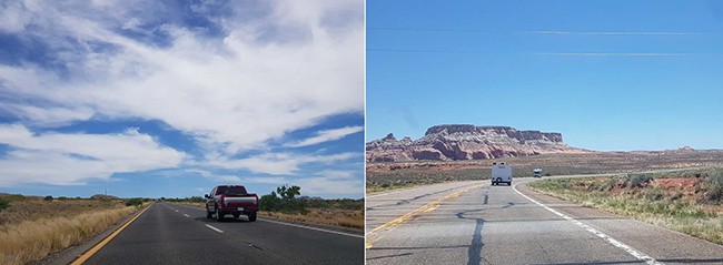 라스베이거스에서 출발해 애리조나 주 커튼우드로 가는 길(왼쪽). 오른쪽은 엔텔로프 캐니언이 있는 애리조나 주 페이지의 도로 풍경이다. /사진=송경은 기자