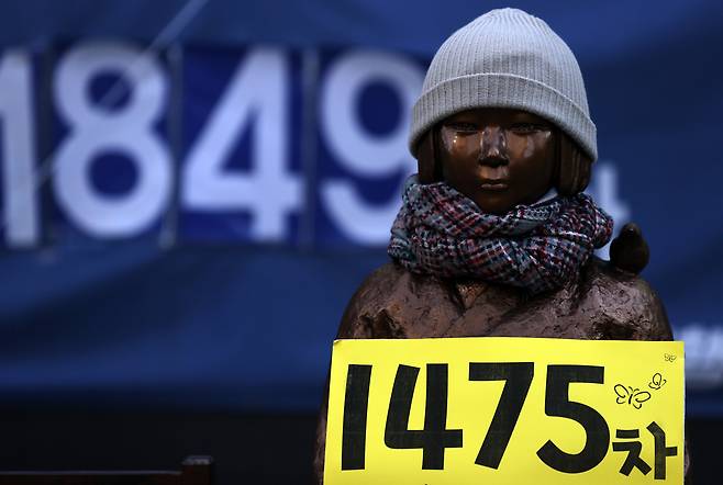This photo, taken on Jan. 20, 2021, shows a statue symbolyzing victims of Japan`s wartime sexual slavery in front of the Japanese Embassy in Seoul. (Yonhap)