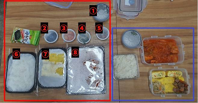 일회용기로 포장한 김치찜(왼쪽)과 다회용 용기로 포장한 김치찜(오른쪽). 음식점 후기 사진을 보며 필요한 다회용기 수를 계산했으나, 막상 음식점에 가니 턱없이 부족했다. [사진=김빛나 기자]