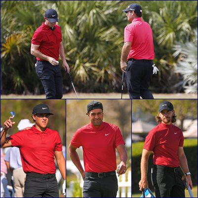 2019년 파머스 인슈어런스 오픈에서 빨간 줄무늬 셔츠를 입은 타이거 우즈(왼쪽)와, 1일(한국 시각) 우즈와 비슷한 셔츠를 입고 월드골프챔피언십(WGC) 워크데이 챔피언십 최종 라운드에 나선 저스틴 토마스. /PGA투어 트위터