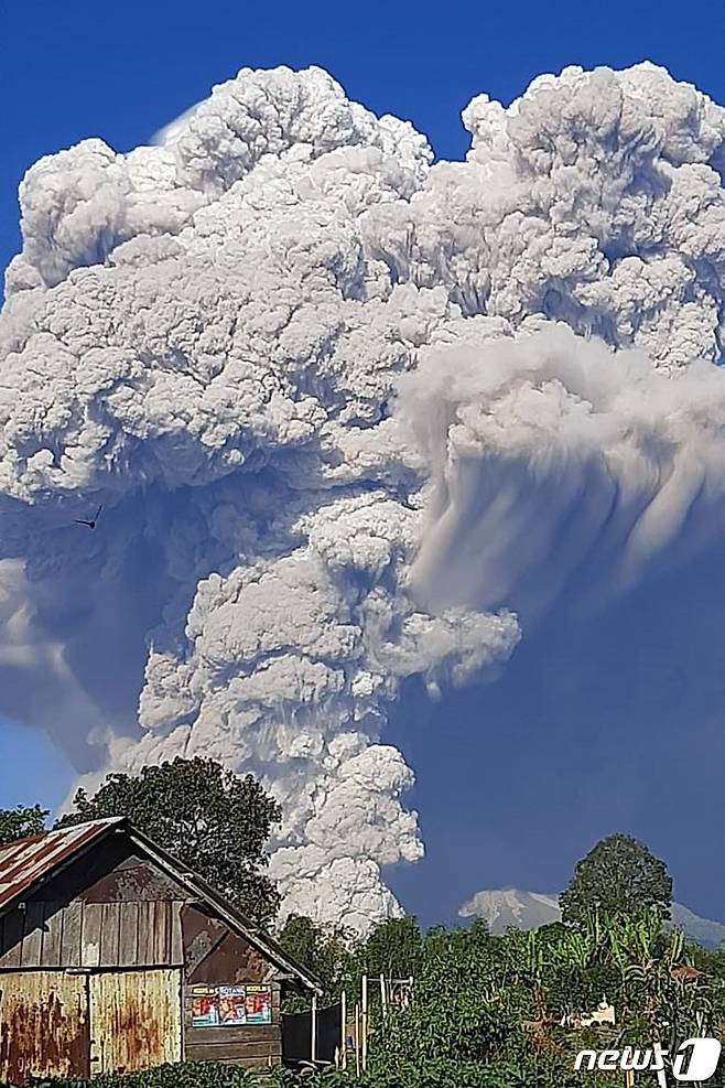 2일 (현지시간) 인도네시아 수마트라섬의 카로에 있는 시나붕 화산이 분화해 5000ｍ 상공까지 화산재를 내뿜고 있다. © AFP=뉴스1 © News1 우동명 기자