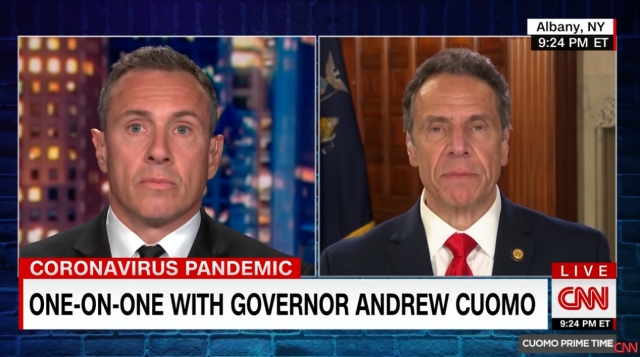 쿠오모 프라임 타임에 출연한 크리스 쿠오모 CNN 앵커(왼쪽)와 앤드루 쿠오모 뉴욕 주지사. CNN 유튜브 캡처