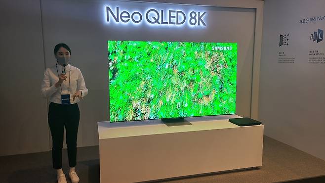 3일 오전 삼성전자 관계자가 서울 서초구 삼성 딜라이트에서 2021년 신제품 Neo QLED TV에 대해 설명하고 있다./사진=오문영 기자
