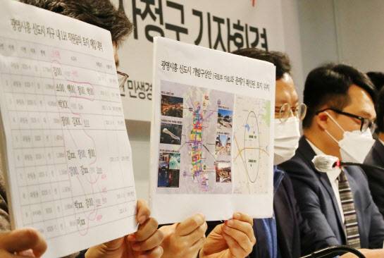 2일 오전 서울 종로구 참여연대에서 열린 ‘한국토지주택공사 직원들의 광명·시흥 신도시 사전투기의혹 공익감사청구’ 기자회견에서 민변·참여연대 관계자들이 땅투기 의혹을 받는 LH공사 직원의 명단과 토지 위치를 공개하고 있다. (사진=연합뉴스)