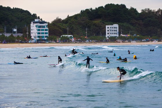 강원도 양양 죽도해변에서 서핑을 즐기는 서퍼들. 최승표 기자