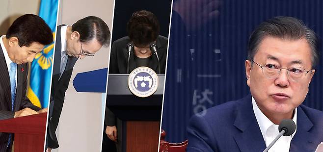 역대 대통령들은 모두 레임덕을 겪었으나, 문재인 대통령의 집권 4년차 지지율은 견고한 흐름을 보이고 있다. 왼쪽부터 고(故) 노무현, 이명박, 박근혜 전 대통령이 측근의 비리로 대국민 사과하는 모습. 오른쪽은 문재인 대통령 ⓒ 시사저널