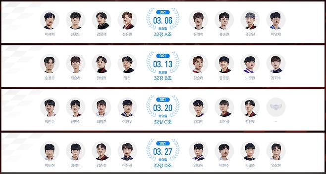 2021 카트라이더 리그 시즌1 개인전 32강 조 편성(사진=카트 리그 공식 사이트 발췌).