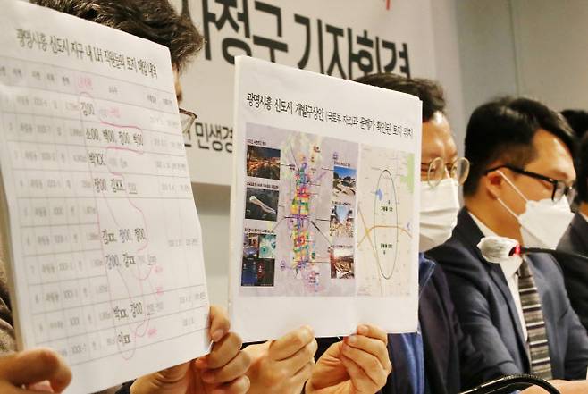 2일 오전 서울 종로구 참여연대에서 열린 ‘한국토지주택공사 직원들의 광명·시흥 신도시 사전투기의혹 공익감사청구’ 기자회견에서 민변·참여연대 관계자들이 땅투기 의혹을 받는 LH공사 직원의 명단과 토지 위치를 공개하고 있다.(사진=연합뉴스 제공)