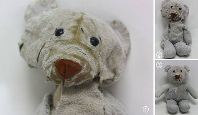 오랜 시간이 흘러 팔과 몸이 심하게 훼손된 인형(1). 치료 전(2), 후(3) 모습. [토이테일즈 제공]