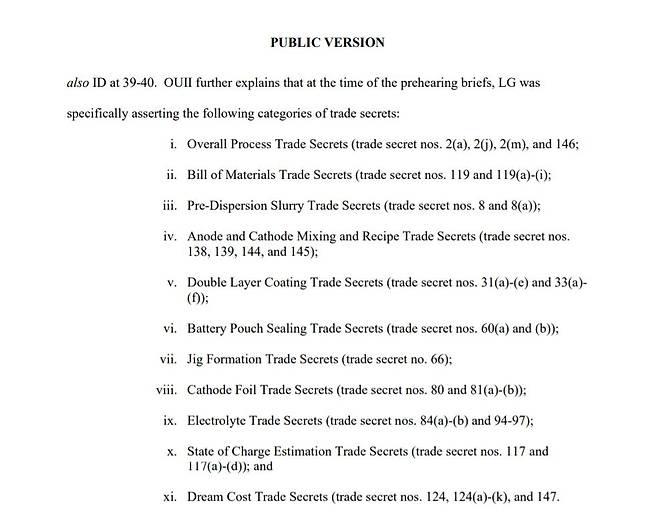 미국 ITC, SK이노베이션이 침해한 LG에너지솔루션 영업비밀 11개 카테고리 확정 [미국 ITC 최종 의견서 캡처. 재판매 및 DB 금지]