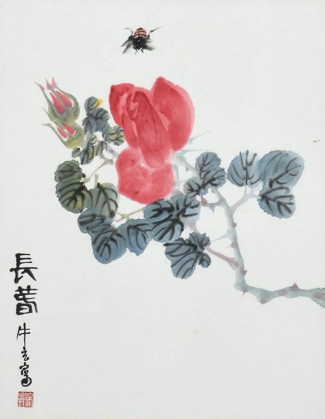 우현 송영방, 장미 (薔薇), 34.7×25.7cm, 종이에 수묵담채