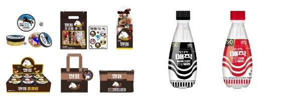 편의점 CU가 말표 구두약 제조사와 내놓은 ‘대왕 말표 구두약 팩’과 ‘말표 초코빈’ 등 협업 상품 6종(왼쪽)과 GS25가 문구 기업 모나미와 함께 출시한 ‘유어스 모나미 매직스파클링’ 음료 2종(오른쪽). [사진 CU·GS25]