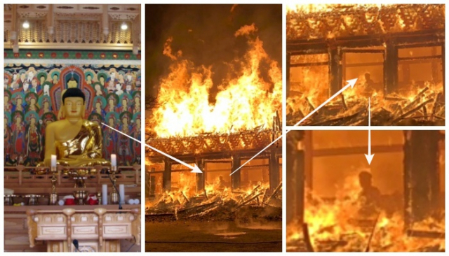 ▲사진 맨 왼쪽은 지난 2012년 10월 31일 화재로 전소된 후 다시 새롭게 복원된 대웅보전 내부에 모셔져 있던 불상 ⓒ이하 정읍소방서