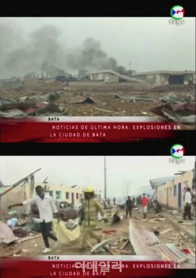 아프리카 중서부 적도기니의 군 막사에서 연쇄 폭발이 발생해 최소 20명이 사망, 600여명이 부상했다. 사진은 적도기니 국영 텔레비전 TVGE의 보도 영상 화면. 이미치 출처=로이터통신)
