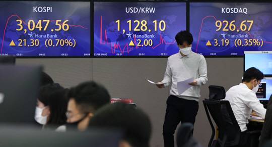 8일 서울 명동 하나은행 본점 딜링룸에 실시간 코스피가 표시돼 있다. 이날 코스피는 전장보다 5.73포인트(0.19%) 오른 3031.99에서 출발해 강세 흐름을 보이고 있다. 연합뉴스