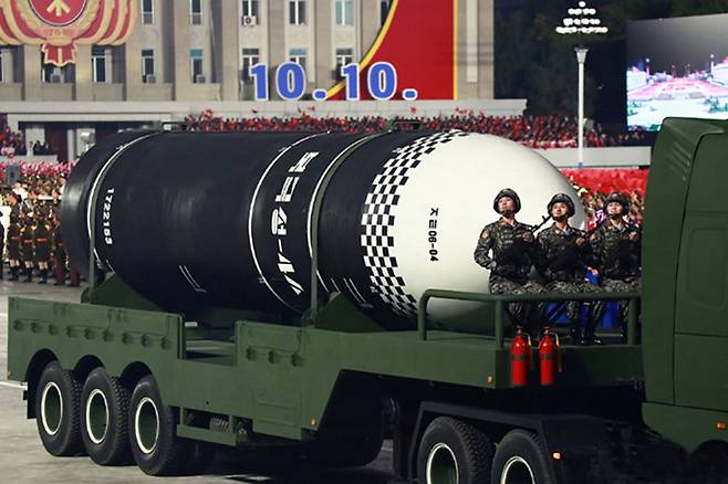 ⓒUPI2020년 10월10일 당 창건 기념일 열병식에 등장한 SLBM(잠수함발사 탄도미사일) ‘북극성-4ㅅ’.