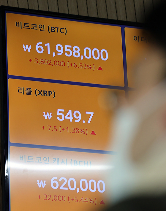 An electronic signboard at Bithum’s Gangnam center shows the value of bitcoin trading above 61 million won ($53,500), which is a new record, on Tuesday. While the Kospi has fallen below the 3,000 mark, investors have been flocking to the virtual currency. [YONHAP]