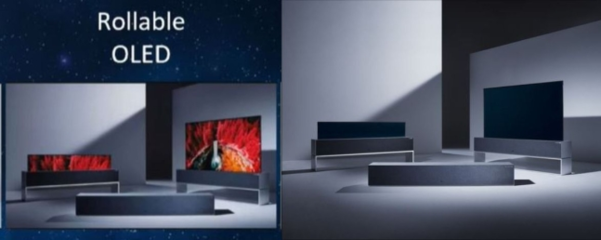 중국 스카이워스가 CES2021 온라인 설명회에서 공개한 자사 롤러블 OLED TV 모습(왼쪽). LG전자가 지난해 10월 공개한 롤러블 올레드 TV 사진(오른쪽)을 그대로 베꼈다./스카이워스·LG전자