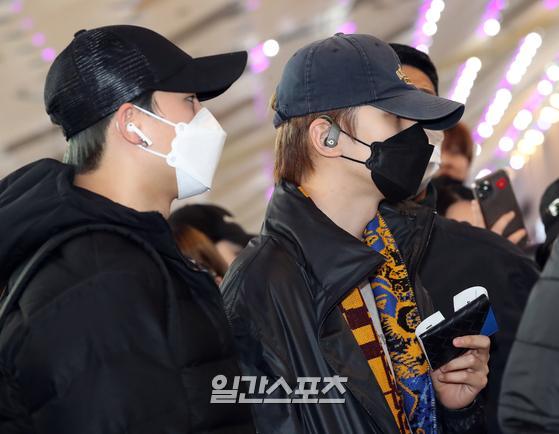 Monsta X (MONSTA Shownu, Democratic reform, Wait, Hyeongwon, The main contribution, IM) members The main contribution and Democratic reform are heading to Jeju through Gimpo Airport on the morning of the 14th.