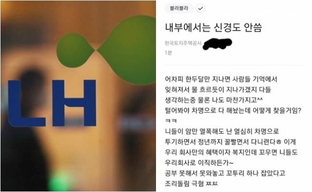 한국토지주택공사(왼쪽 사진)와 LH 직원 추정 네티즌의 블라인드 글. 연합뉴스, 블라인드 캡처