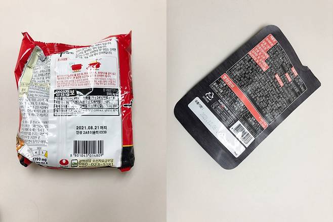 생산자책임재활용제도(EPR) 대상인 라면봉지(좌), 과일·채소즙 비닐포장(우)