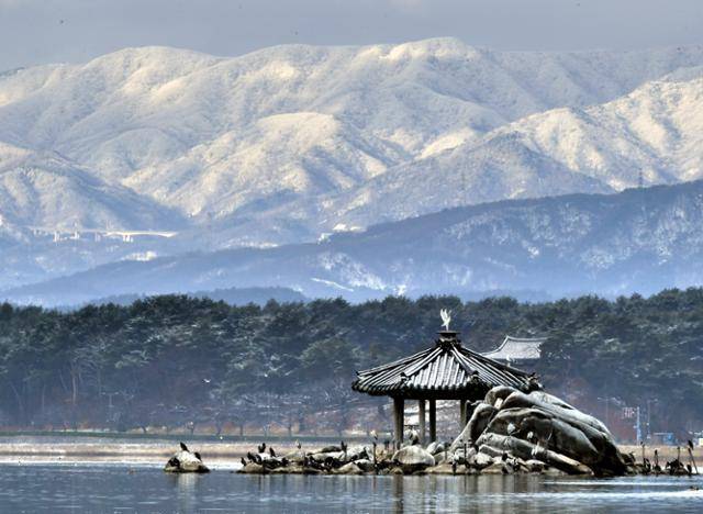 지난 주말 경포호에서 바라본 대관령 설경, 지금쯤은 다 사라졌을 것 같다.