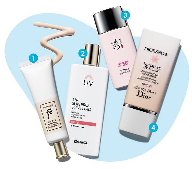 1 더 히스토리 오브 후 공진향:설 미백 톤업선 SPF 50+ PA++++ 6만원. 미세먼지와 블루라이트 차단 효과를 겸비한 스펙 만렙 톤업 자차! 피지 컨트롤 성분이 과도한 유분을 잡아준다. 2 이자녹스 UV 선프로 365 쿨링 톤업 선플루이드 SPF 50+ PA++++ 3만2천원. 초강력 자차 효과를 지닌 톤업 제품으로 페퍼민트 성분이 마스크 착용으로 자극받은 피부를 쿨하게 진정시킨다. 3 수려한 천삼설윤 톤업 선 플루이드 SPF 50+ PA++++ 3만6천원대. 수분감 넘치는 텍스처라 맑고 촉촉한 유리알 피부를 연출해주는 톤 보정 선 플루이드! 4 디올 디올스노우 얼티밋 UV 쉴드 톤업 SPF 50+ PA+++ 7만5천원대.기존 UV 쉴드의 선크림 기능에 은은한 장밋빛 톤업 효과를 추가해 출시된 로즈 컬러의 톤업 자차.
